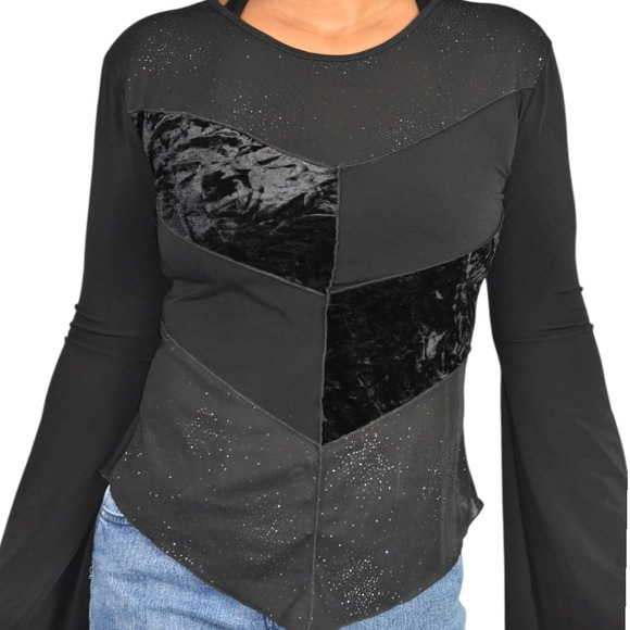 Vintage Tops - Vintage Ludmilla Bell Sleeve Top Black Velvet Sparkle Y2K France Patchwork Small